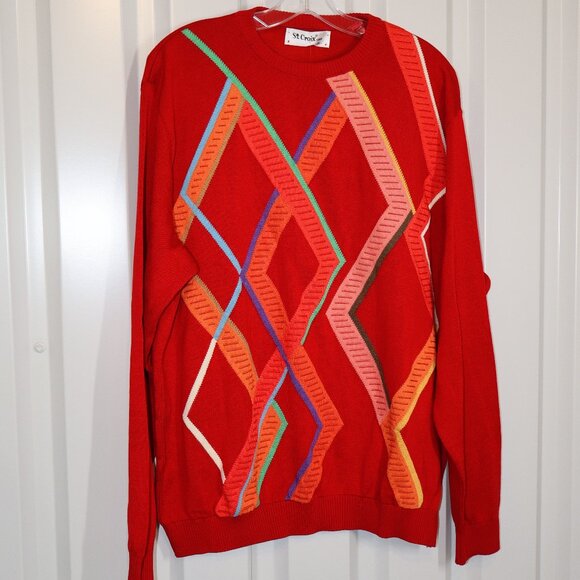 St. Croix Men's Vintage 3-D Knit Design Sweater Red Colorful Size XL New 90's - Picture 1 of 14